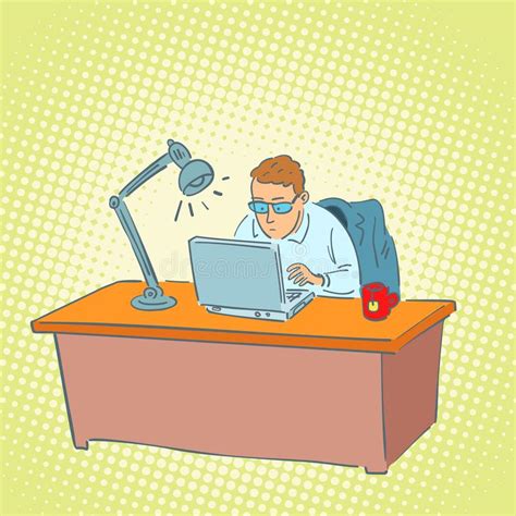 Cartoon Of Smiling Man Or Businessman Working Or Typing On