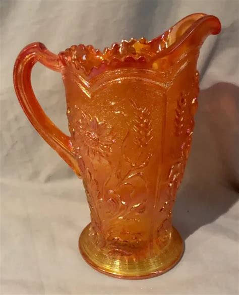 VINTAGE MARIGOLD FIELD Flower Imperial Carnival Glass Water Pitcher