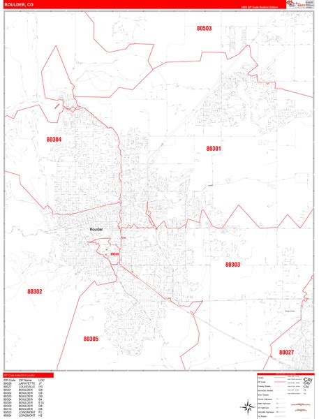 Boulder Colorado Zip Code Wall Map Red Line Style By Marketmaps
