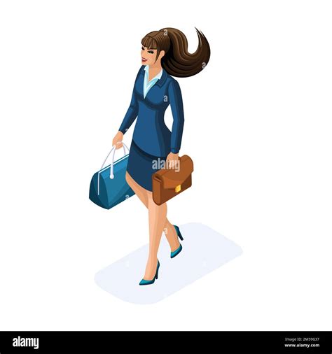 Isometric Of A Beautiful Woman On A Business Trip Comes With Her Luggage Elegant Business Suit