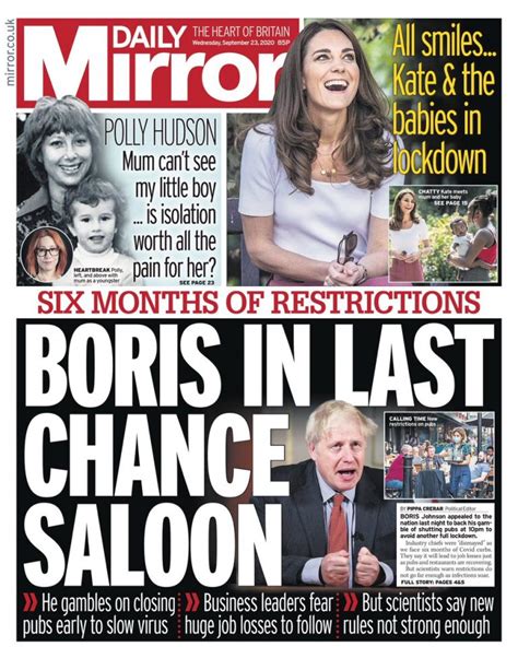 daily mirror front page 23rd of september 2020 tomorrow s papers today