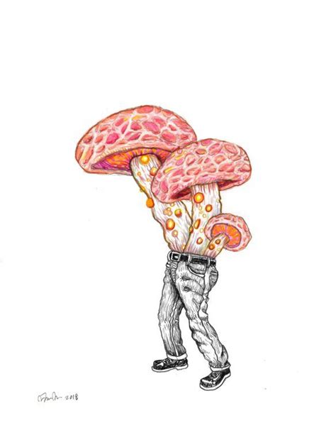 A Drawing Of A Man Carrying Two Large Mushrooms On His Back With One