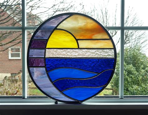 Round Stained Glass Panel Handmade Sun Sunrise Sunset Over The Ocean Sand And Beach With Water