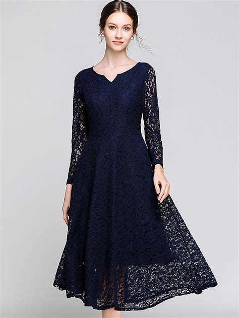 Elegant Hollow Out Lace V Neck Long Sleeve Midi Fit And Flare Dress
