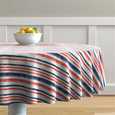 Round Tablecloth Red White And Blue Stripes July 4th Watercolor Cotton