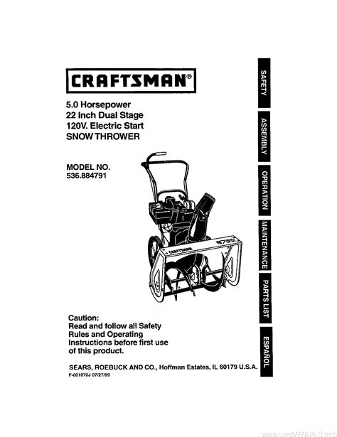 Craftsman 29 Inch 9 Hp Snowblower Manual