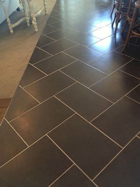 12 X 24 Charcoal Tile In Herringbone Pattern With Light Grout