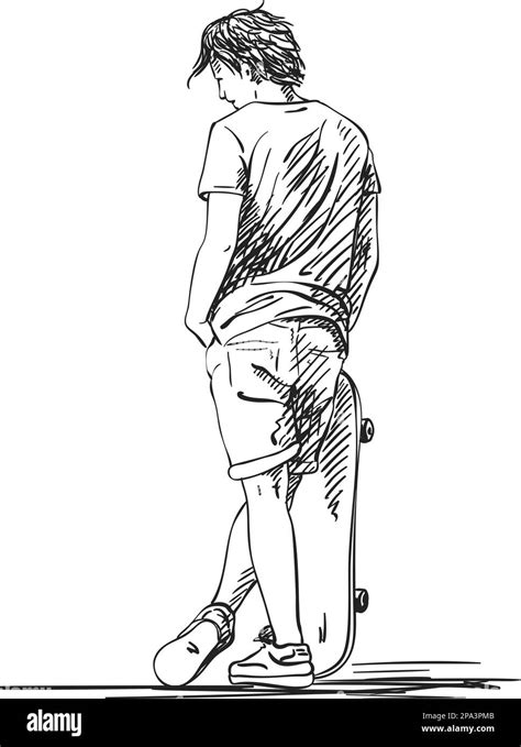 Sketch Of Skateboarder Stands And Holds Skateboard With Other Hand In Pocket Hand Drawn Hatched