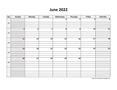June 2022 Calendar Free Printable With Grid Lines Designed Horizontal