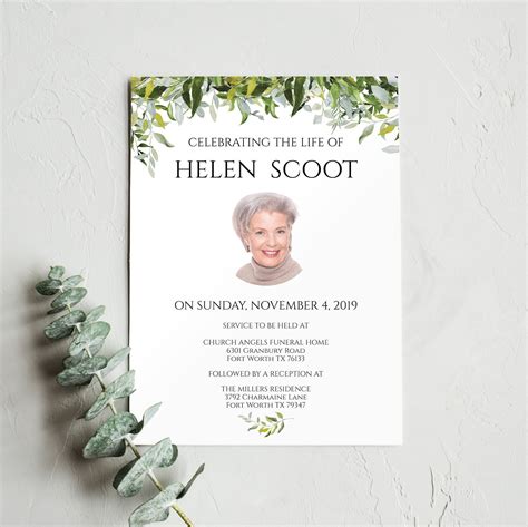 Funeral Invitation Funeral Announcement Template Celebration Etsy