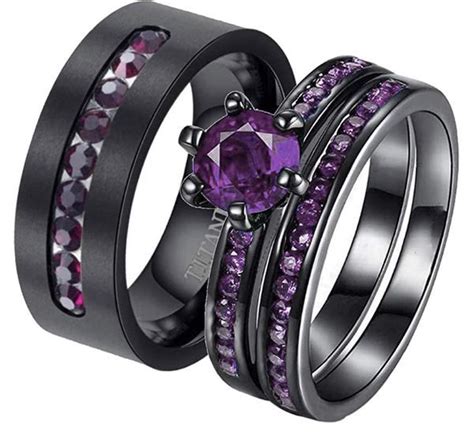 Couple Rings Black Gold Filled Purple Cz Womens Wedding Ring Sets