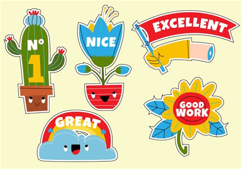 Funny Cute Cartoon Teachers Reward Sticker Set Vector Illustration
