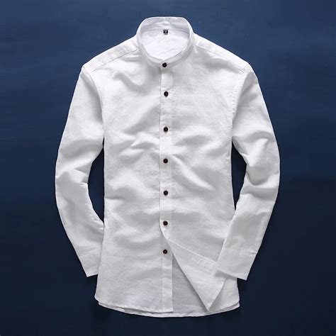 Men White Linen Shirt Stand Collar Chinese Traditional Mandarin Collar