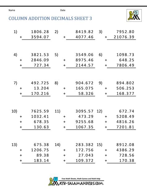 Math Worksheets For Fifth Grade Adding Decimals