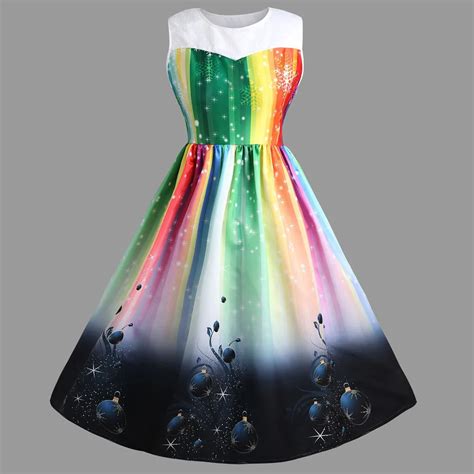 Vintage Women Colorful Rainbow Print Dresses Fashion O Neck Sleeveless