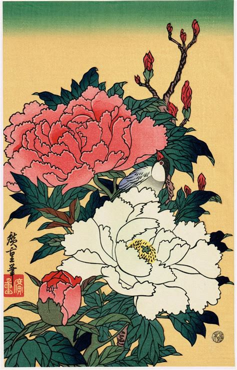 Japanese Ukiyo E Woodblock Print Hiroshige Peonies And Etsy