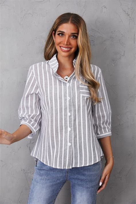 women s v neck stripe pockets half sleeves blouse curvedream