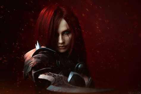 소녀 불꽃 그림 전투 공상 미술 단검 빨간 전투 잎 강도 싸움 빨간 머리 리그 오브 레전드 카타리나
