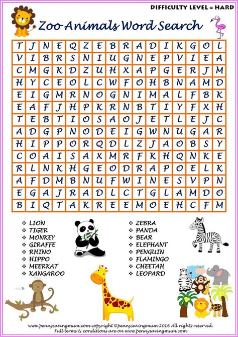 Zoo Animals Word Searches Easy And Hard Versions With Answers