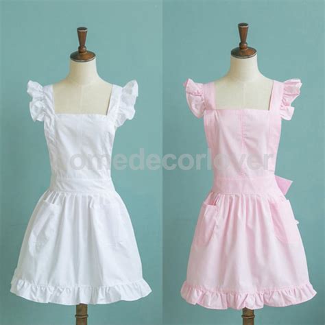 Victorian Pinafore Apron Maid Lace Smock Costume Ruffle Pockets White Pink In Aprons From Home