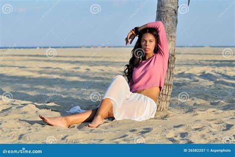 Beautiful Youn Biracial Woman On Beach Stock Image Image Of Biracial Sitting 26582207