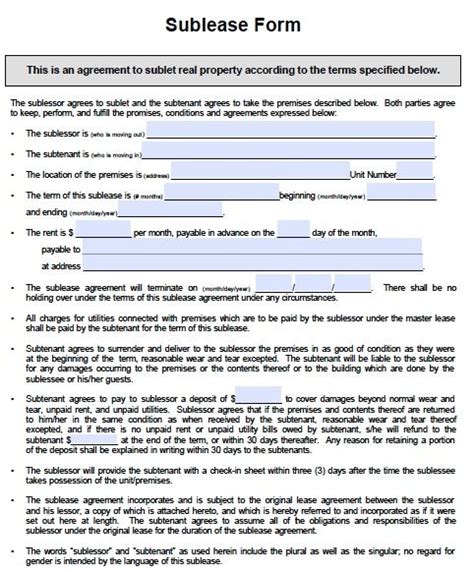printable sample sublease agreement template form real