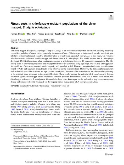Fitness Costs In Chlorfenapyr Resistant Populations Of The Chive Maggot
