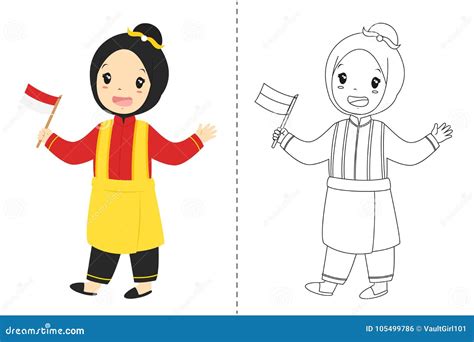 Aceh Girl Holding Indonesian Flag Traditional Dress Cartoon Vector