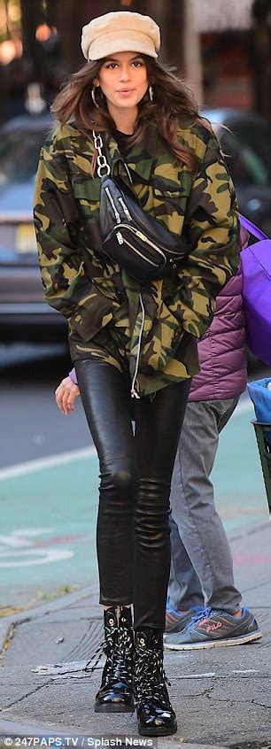 Kaia Gerber Looks Stylish In Leather Pants And Camo Jacket Daily Mail