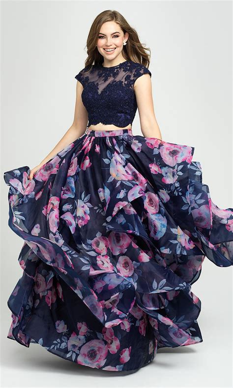 Enter free one time only. Two-Piece Navy Floral-Print Prom Dress with Beads in 2020 ...