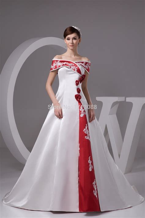 Cheap Red And White Wedding Dresses With Floor Length Straplesslace