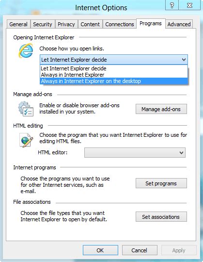 How To Always Open Links And Ie Live Tile On Desktop In Windows 8