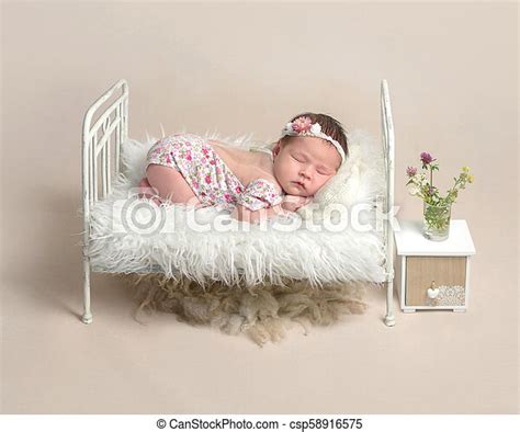 Cute Sleeping Newborn Baby Girl In The Little Bed Canstock
