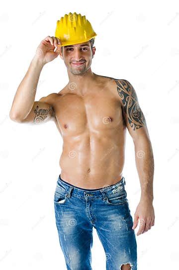 Handsome Muscular Construction Worker Smiling And Shirtless On White