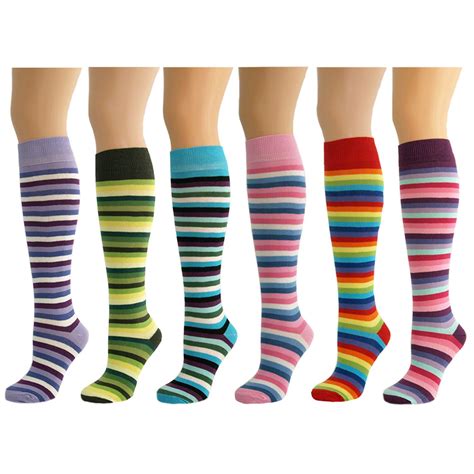 6 Pairs Womens Ladies Girls Stripey Knee High Long Thin Striped Socks