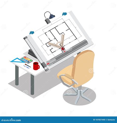 Flat Style Isometric Architectural Drawing Board T Stock Illustration