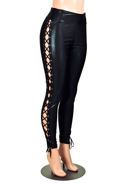 Black Metallic Lace Up Leggings Open Sides In 2021 Lace Up Leggings Stretch Lace Shorts