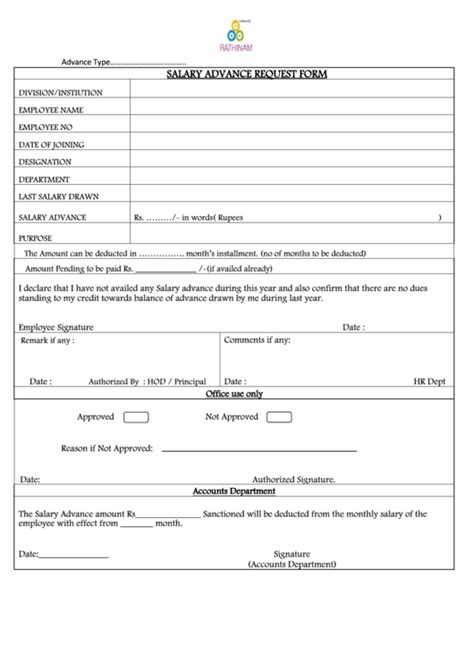 An employee advance form is a document that an employee uses to get an advance payment for the services that he or she is to render in the future. Salary Advance Request Form printable pdf download