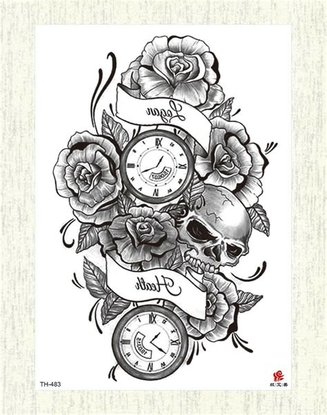 Tattoos Fake Black Skull Rose Clock Large 825 Temporary Arm Tattoo Ebay