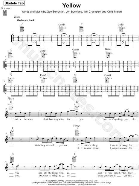 Coldplay Yellow Sheet Music Notes Chords Download Printable Ukulele