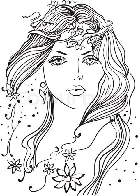 Stock Vector Of Beautiful Girl With Flowers In Hair Line Art Style