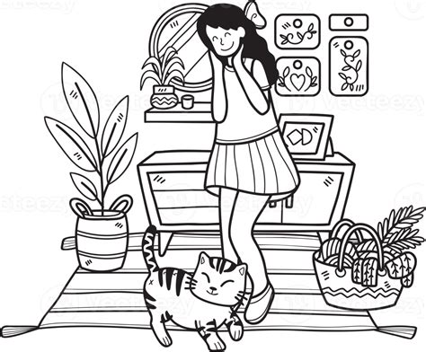 Hand Drawn The Cat Begs Its Owner In The Living Room Illustration In Doodle Style 18716263 Png