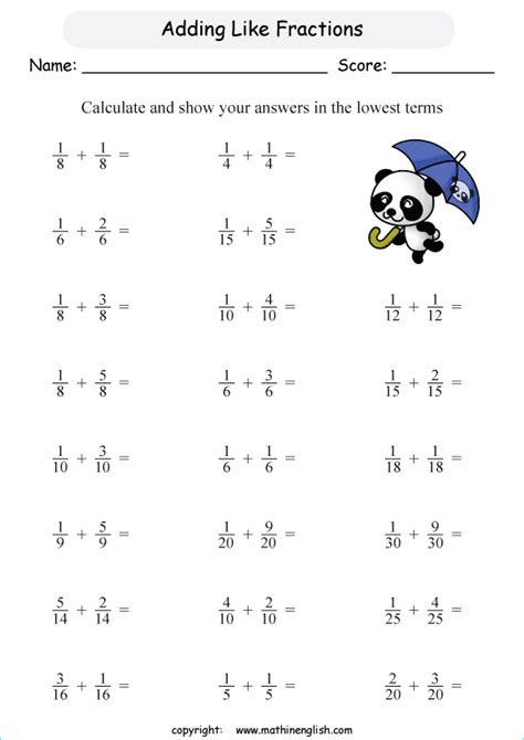 Add 2 Like Fractions And Answer In The Lowest Possible Terms Grade 3