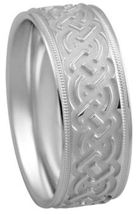 Celtic Wedding Band 14k White Gold Unique Milgrain Ring Etsy Celtic
