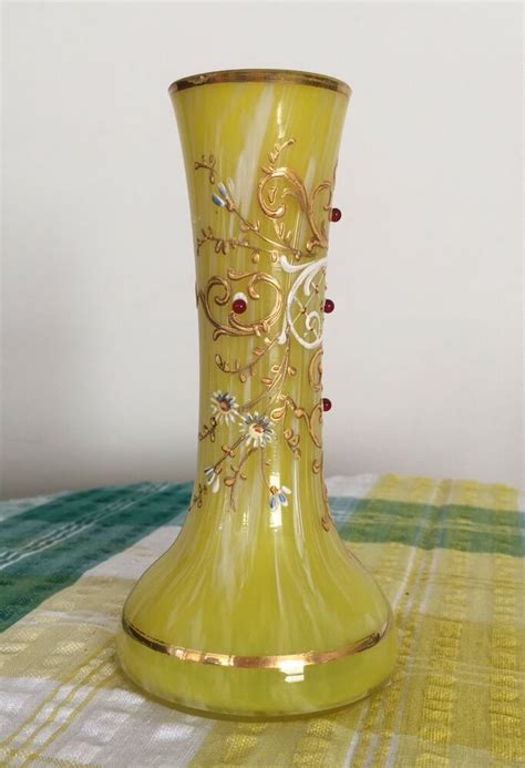 Antique Glass Vase Yellow White Spatter Enamelled Blown Gilded Moser Czech Moser Victorian