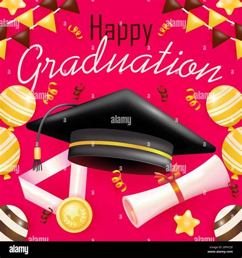 Happy Graduation 3d Vector Hats Certificates And Medals With Balloon