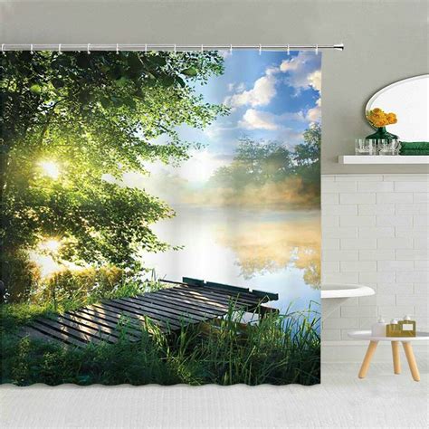 Lake Scenery Shower Curtain Woods Tropical Palm Leaf Flower Plant