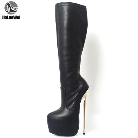 jialuowei women platform boots 22cm gold metal ultra high heel knee high pu leather zipper