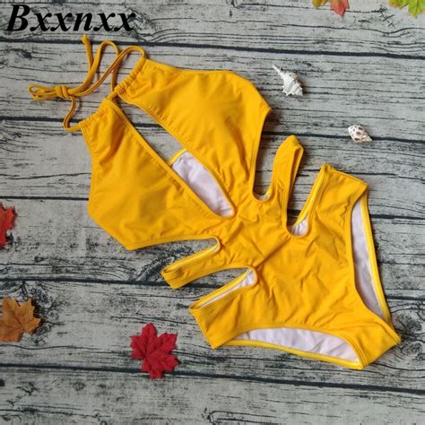 Bxxnxx Halter Cut Out Swimsuit Yellow Monokini Padded One Piece Bathing Suit Women Swimwear