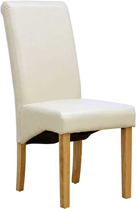 Cambridge Cream Faux Leather Dining Chair W Roll Top High Back Solid Wood Oak Legs Uk